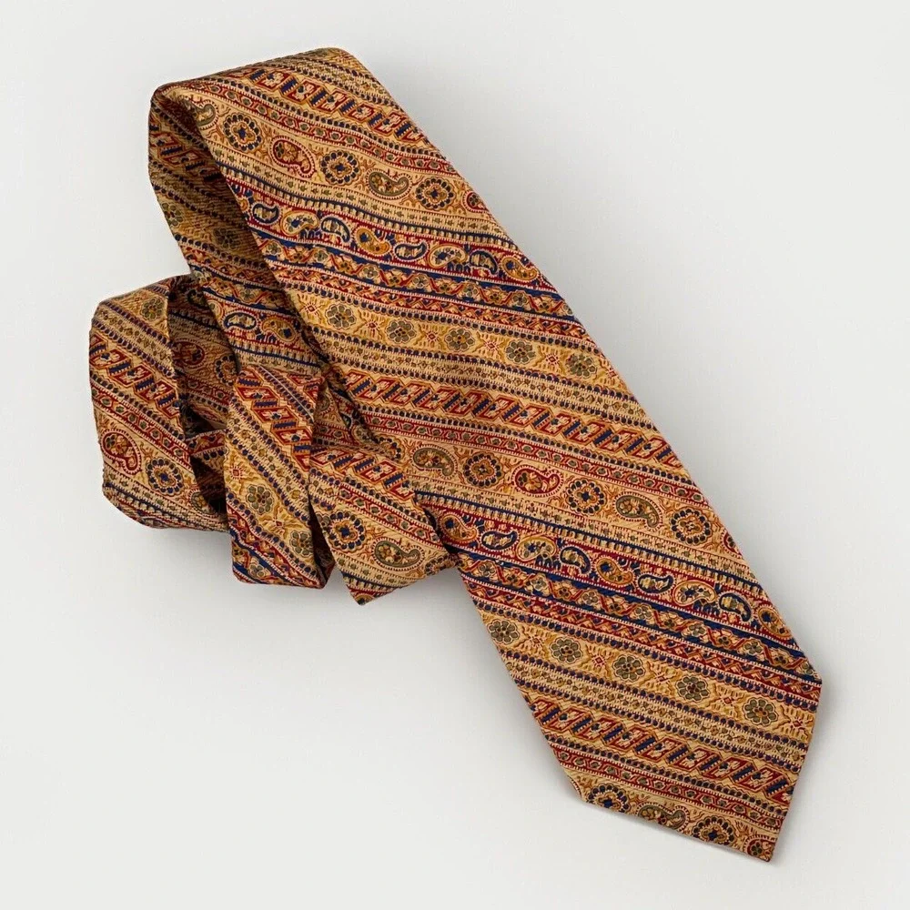 Vintage Pulitzer‎ Tie Makers Grodins Genuine 100% Silk Wide Yellow Paisley